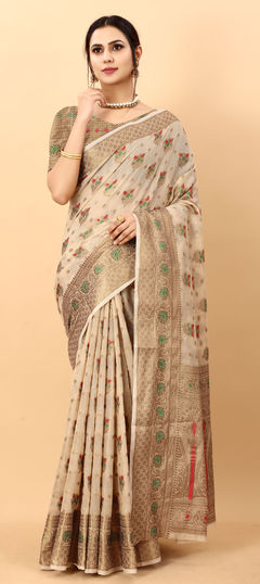 Beige and Brown color Saree in Art Silk, Silk fabric with Weaving work