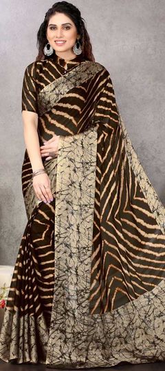 Beige and Brown color Saree in Chiffon fabric with Lehariya, Printed work