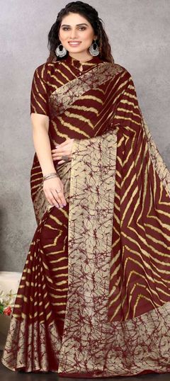 Red and Maroon color Saree in Chiffon fabric with Lehariya, Printed work