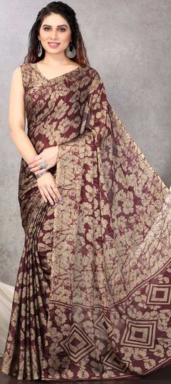 Casual, Traditional Red and Maroon color Saree in Chiffon fabric with Classic Floral, Printed work : 1818294