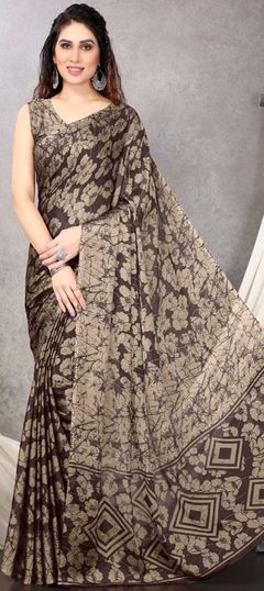 Beige and Brown color Saree in Chiffon fabric with Floral, Printed work