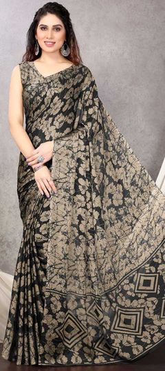 Casual, Traditional Black and Grey color Saree in Chiffon fabric with Classic Floral, Printed work : 1818297