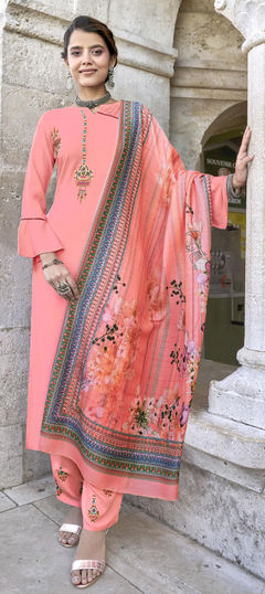 Pink and Majenta color Salwar Kameez in Rayon fabric with Digital Print, Embroidered work