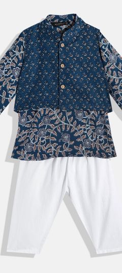 Blue color Boys Kurta Pyjama with Jacket in Cotton fabric with Floral, Printed work