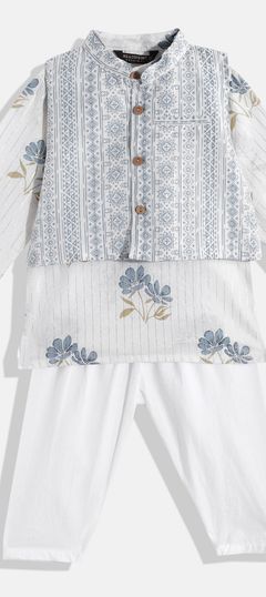 White and Off White color Boys Kurta Pyjama with Jacket in Cotton fabric with Floral, Printed work