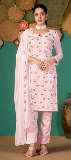 Pink and Majenta color Salwar Kameez in Georgette fabric with Mirror, Thread work