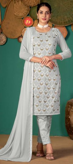 Black and Grey color Salwar Kameez in Georgette fabric with Mirror, Thread work