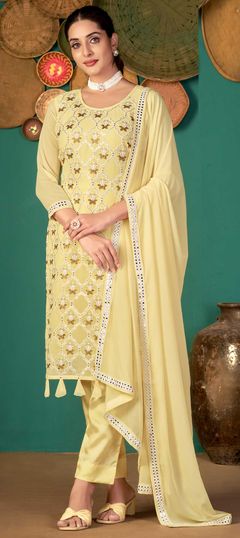 Yellow color Salwar Kameez in Georgette fabric with Mirror, Thread work