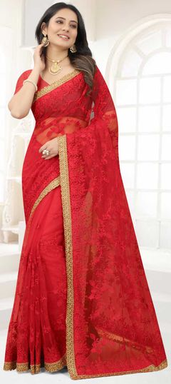 Red and Maroon color Saree in Net fabric with Embroidered, Resham, Stone, Thread, Zari work