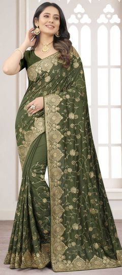 Green color Saree in Art Silk, Silk fabric with Embroidered, Resham, Stone, Thread, Zari work