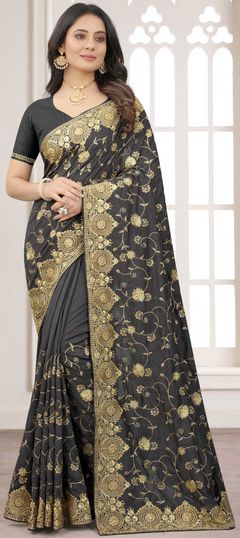 Black and Grey color Saree in Art Silk, Silk fabric with Embroidered, Resham, Stone, Thread, Zari work