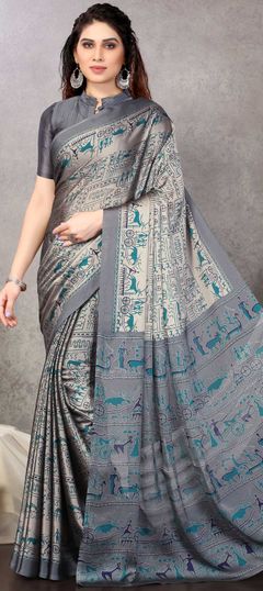 Casual, Party Wear Beige and Brown color Saree in Chiffon fabric with Classic Printed work : 1819155