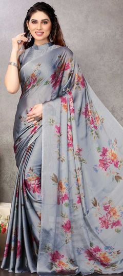 Casual, Party Wear Black and Grey color Saree in Chiffon fabric with Classic Floral, Printed work : 1819159