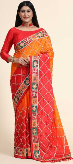 Orange, Yellow color Saree in Chiffon fabric with Border, Embroidered, Thread, Zari work