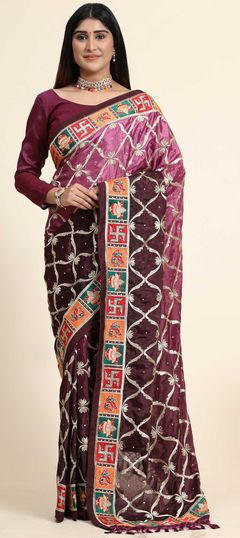 Purple and Violet color Saree in Chiffon fabric with Border, Embroidered, Thread, Zari work