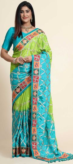 Blue, Green color Saree in Chiffon fabric with Border, Embroidered, Thread, Zari work