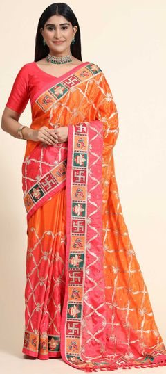 Orange, Pink and Majenta color Saree in Chiffon fabric with Border, Embroidered, Thread, Zari work