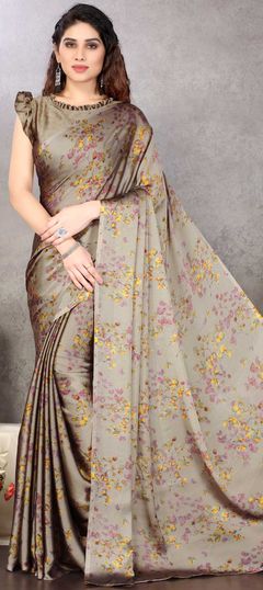 Casual, Party Wear Beige and Brown color Saree in Chiffon fabric with Classic Floral, Printed work : 1819189