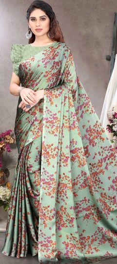 Casual, Party Wear Green color Saree in Chiffon fabric with Classic Floral, Printed work : 1819191