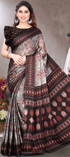 Black and Grey color Saree in Chiffon fabric with Floral, Printed work