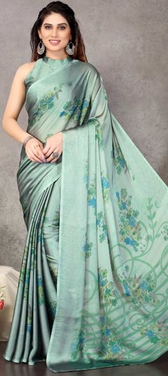 Green color Saree in Chiffon fabric with Floral, Printed work