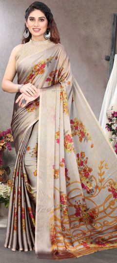 Beige and Brown color Saree in Chiffon fabric with Floral, Printed work