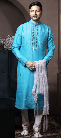 Blue color Kurta Pyjamas in Art Silk fabric with Printed work