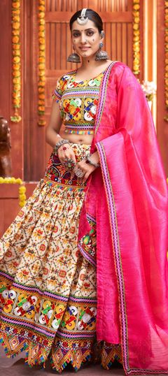 Festive, Navratri Beige and Brown color Lehenga in Cotton fabric with A Line Mirror, Printed work : 1819801