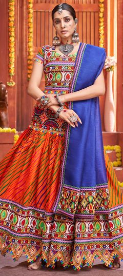 Orange color Lehenga in Cotton fabric with Mirror, Printed work