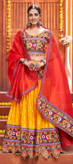 Yellow color Lehenga in Cotton fabric with Mirror, Printed work
