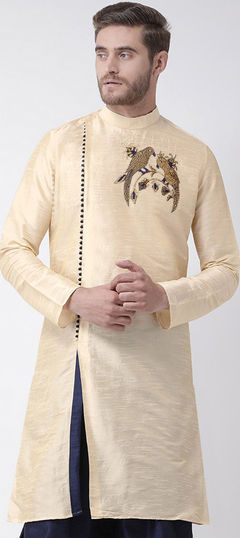 Beige and Brown color Kurta in Art Silk fabric with Embroidered, Thread work