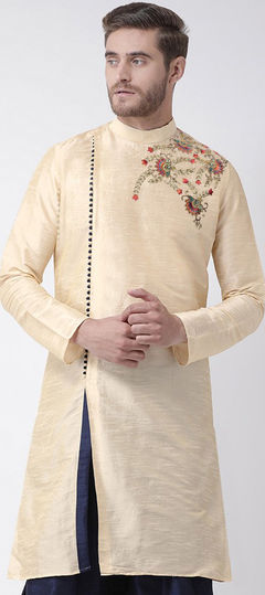 Beige and Brown color Kurta in Art Silk fabric with Embroidered, Thread work