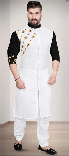 White and Off White color Kurta Pyjamas in Blended Cotton fabric with Embroidered work