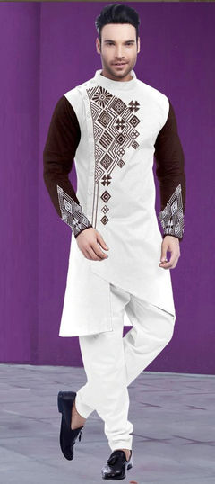 White and Off White color Kurta Pyjamas in Blended Cotton fabric with Embroidered work