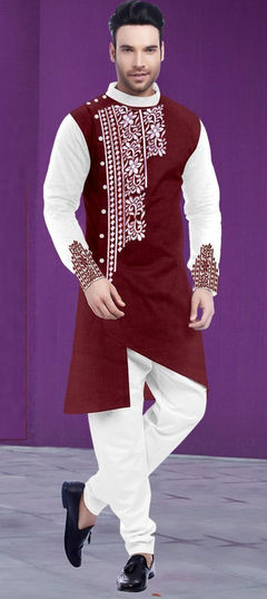 Red and Maroon color Kurta Pyjamas in Blended Cotton fabric with Embroidered work