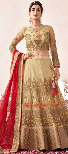 Beige and Brown color Lehenga in Net fabric with Embroidered, Stone, Thread, Zari work
