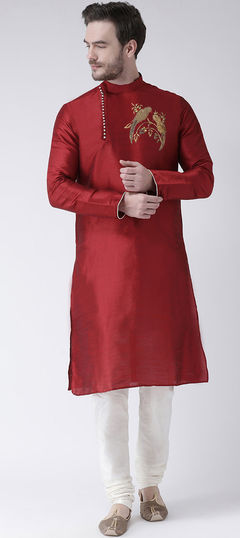 Red and Maroon color Kurta Pyjamas in Art Silk fabric with Embroidered work