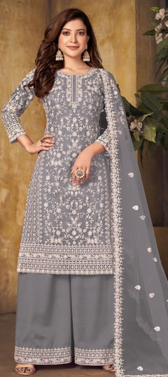 Festive, Party Wear Black and Grey color Salwar Kameez in Net fabric with Palazzo Embroidered, Thread work : 1820399