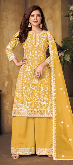 Festive, Party Wear Yellow color Salwar Kameez in Net fabric with Palazzo Embroidered, Thread work : 1820400