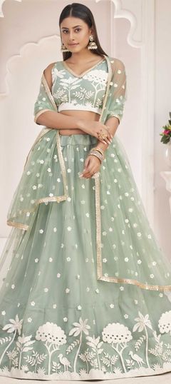 Green color Lehenga in Net fabric with Embroidered, Sequence, Thread, Zari work