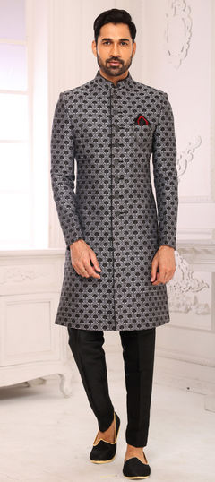 Black and Grey color IndoWestern Dress in Brocade fabric with Broches, Weaving work