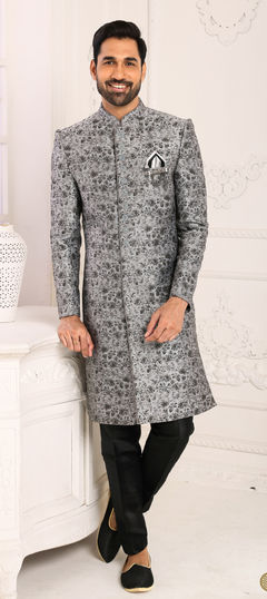 Black and Grey color IndoWestern Dress in Brocade fabric with Broches, Weaving work