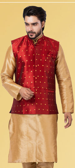 Red and Maroon color Nehru Jacket in Art Silk fabric with Weaving work