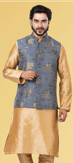 Black and Grey color Nehru Jacket in Jacquard fabric with Weaving work