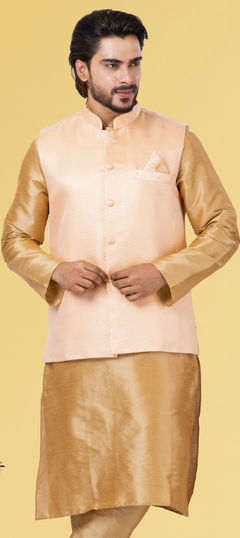 Pink and Majenta color Nehru Jacket in Art Silk fabric with Weaving work