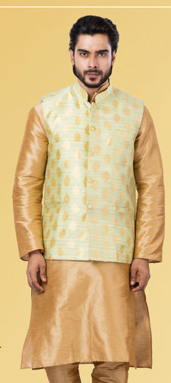 Green color Nehru Jacket in Jacquard fabric with Weaving work