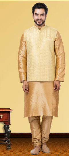 Gold color Kurta Pyjama with Jacket in Dupion Silk fabric with Weaving work