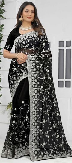 Black and Grey color Saree in Net fabric with Embroidered, Resham, Stone, Thread work