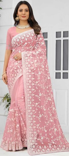 Pink and Majenta color Saree in Net fabric with Embroidered, Resham, Stone, Thread work