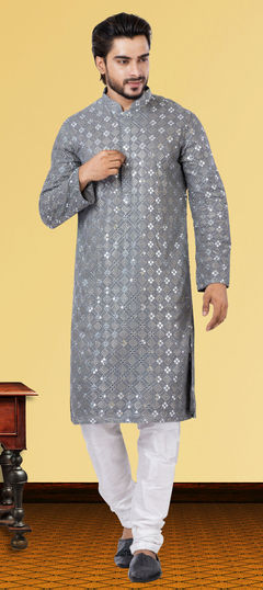 Black and Grey color Kurta Pyjamas in Georgette fabric with Embroidered, Sequence, Thread work : 1820841